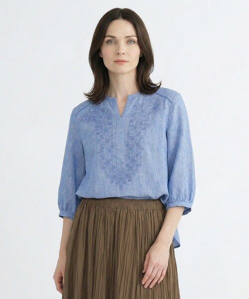 SCAPA Lサイズ / スキャパエルサイズ シャツ・ブラウス | リノエンブロイダリー5分袖ブラウス（ブルー）
