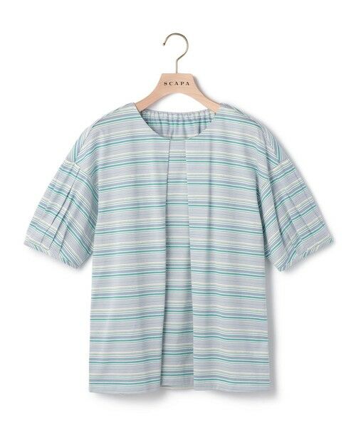 SCAPA Lサイズ / スキャパエルサイズ カットソー | ラメボーダーパフスリーフカットソー（ライトブルー）