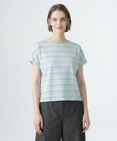 SCAPA Lサイズ / スキャパエルサイズ カットソー | ラメボーダーフレンチスリーブカットソー（ライトブルー）