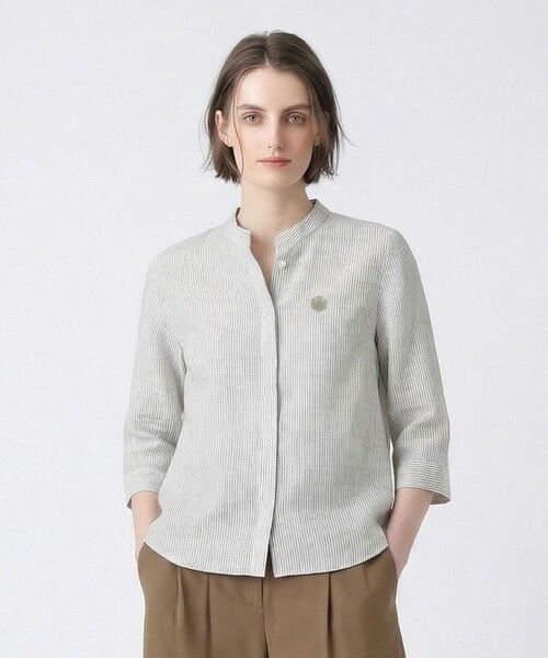 SCAPA / スキャパ シャツ・ブラウス | リノストライプスタンドカラーブラウス（グリーン）