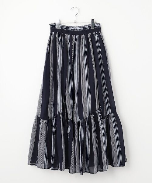 SEASON STYLE LAB / シーズンスタイルラボ ロング・マキシ丈スカート | Cotton Voile Stripe Slant Panel Skirt（ネイビー）