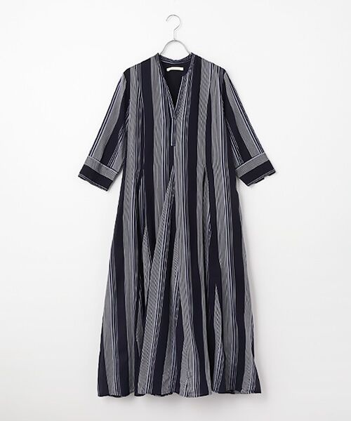 SEASON STYLE LAB / シーズンスタイルラボ ロング・マキシ丈ワンピース | Cotton Voile Stripe Panel Dress（ネイビー）