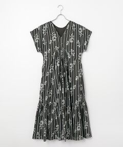 SEASON STYLE LAB / シーズンスタイルラボ ロング・マキシ丈ワンピース | Cotton Voile Stripe Anemone Foil Print French Sleeve Dress