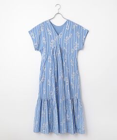 SEASON STYLE LAB / シーズンスタイルラボ ロング・マキシ丈ワンピース | Cotton Voile Stripe Anemone Foil Print French Sleeve Dress