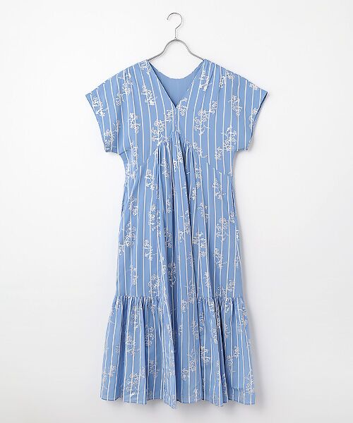 SEASON STYLE LAB / シーズンスタイルラボ ロング・マキシ丈ワンピース | Cotton Voile Stripe Anemone Foil Print French Sleeve Dress（ブルー）