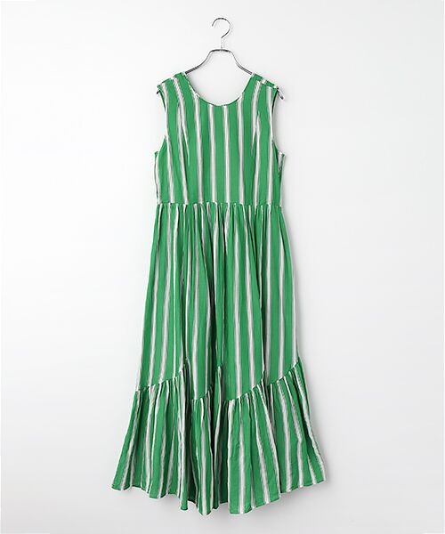 SEASON STYLE LAB / シーズンスタイルラボ ロング・マキシ丈ワンピース | Cotton Voile Stripe　Sleeveless　Slant　Panel　Dress（グリーン）