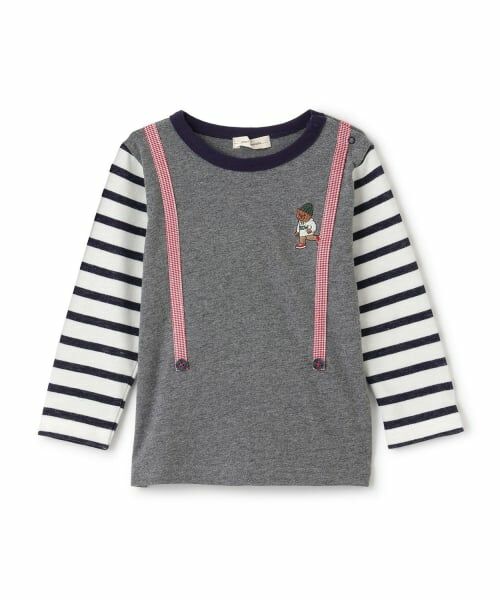 sense of wonder / センス オブ ワンダー Tシャツ | ベア刺しゅうサスペンダー長袖Tシャツ（グレー）