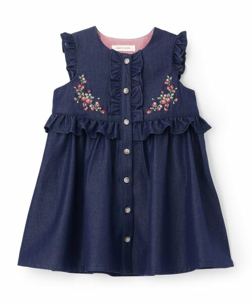 sense of wonder / センス オブ ワンダー ミニ丈・ひざ丈ワンピース | 野イチゴ刺しゅうジャンパースカート（紺）