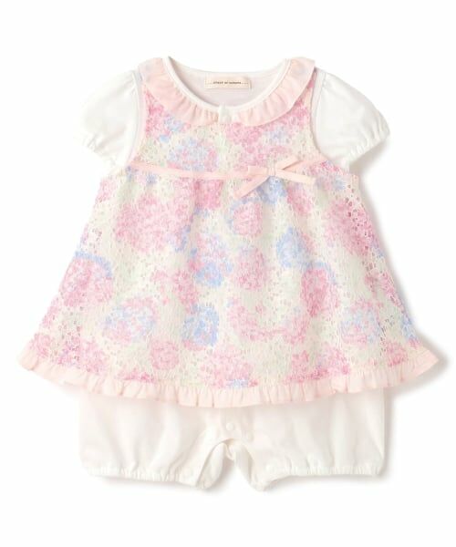 sense of wonder / センス オブ ワンダー ベビー・キッズウエア | アジサイレースエプロンつきショートオール【オーガニック】【日本製】（ピンク）