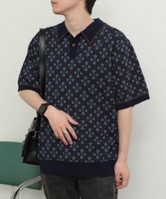『ユニセックス』『洗濯可』モノグラムジャガードポロシャツ(5分袖)