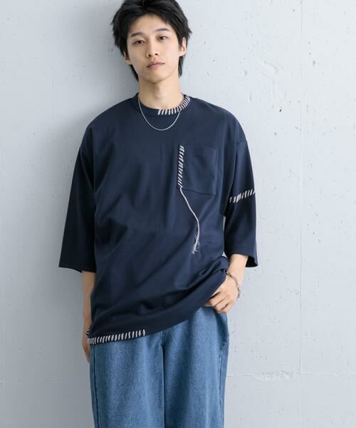 SENSE OF PLACE by URBAN RESEARCH / センスオブプレイス バイ アーバンリサーチ Tシャツ | ハンドステッチルーズTシャツ(ネイビー)