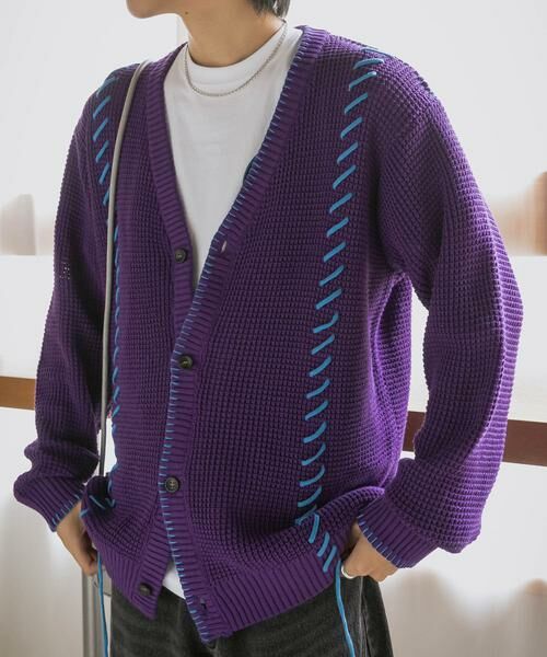 SENSE OF PLACE by URBAN RESEARCH / センスオブプレイス バイ アーバンリサーチ カーディガン・ボレロ | 『ユニセックス』ブランケットステッチカーディガン(パープル)