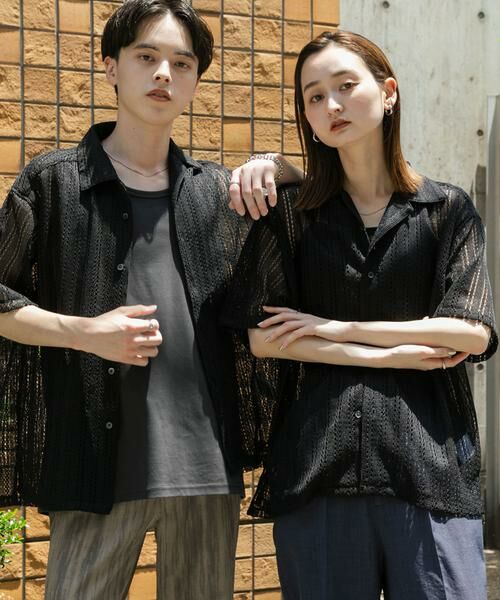 SENSE OF PLACE by URBAN RESEARCH / センスオブプレイス バイ アーバンリサーチ シャツ・ブラウス | 『ユニセックス』アソートレースオープンカラーショートスリーブシャツ(ブラック)