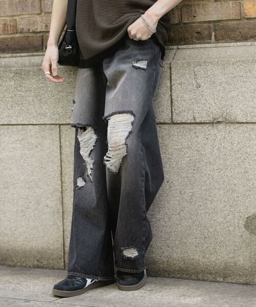 SENSE OF PLACE by URBAN RESEARCH / センスオブプレイス バイ アーバンリサーチ デニムパンツ | 『ユニセックス』ダメージデニムワイドパンツ | 詳細28