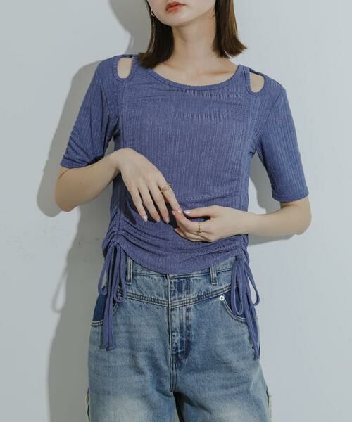 SENSE OF PLACE by URBAN RESEARCH/センスオブプレイス バイ アーバンリサーチ カットアウトシャーリングトップ(5分袖) ブルー one SENSE OF PLACE by URBAN RESEARCH/センスオブプレイス バイ アーバンリサーチ カットアウトシャーリングトップ(5分袖) ブルー one