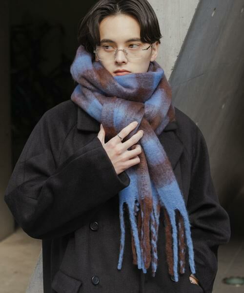 SENSE OF PLACE by URBAN RESEARCH / センスオブプレイス バイ アーバンリサーチ マフラー・ショール・スヌード・ストール | ブロックチェックボリュームマフラー（ブルー）