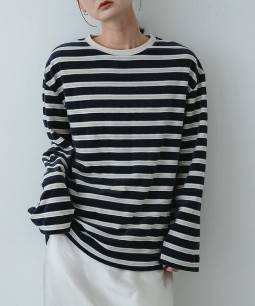 SENSE OF PLACE by URBAN RESEARCH / センスオブプレイス バイ アーバンリサーチ Tシャツ | ベロアボーダーTシャツ（ネイビー）