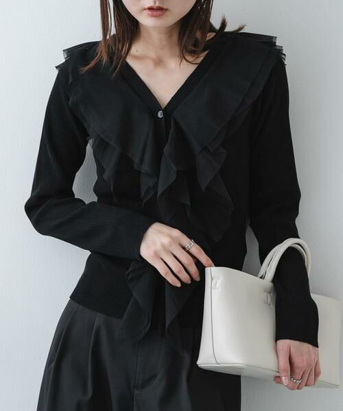 SENSE OF PLACE by URBAN RESEARCH / センスオブプレイス バイ アーバンリサーチ カーディガン・ボレロ | 『洗濯可』チュールフリルニットカーディガン（ブラック）