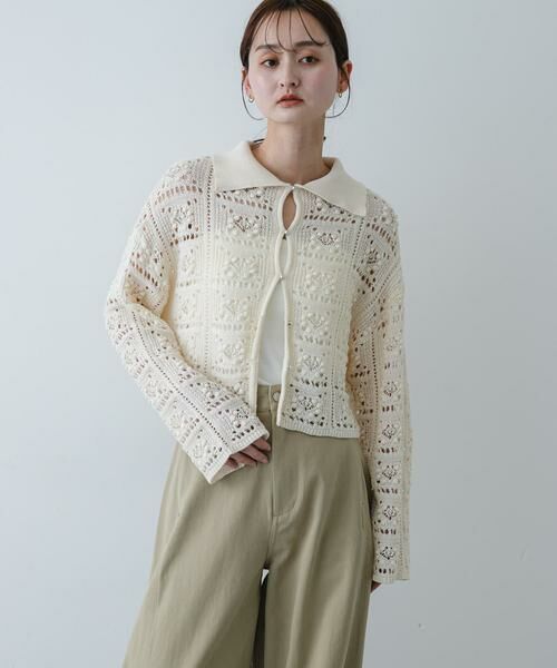 SENSE OF PLACE by URBAN RESEARCH / センスオブプレイス バイ アーバンリサーチ ニット・セーター | 『洗濯可』レースアミエリツキニットカーディガン（アイボリー）