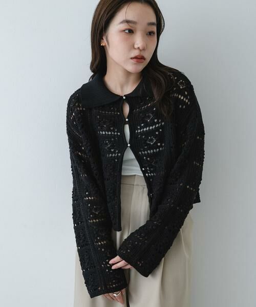 SENSE OF PLACE by URBAN RESEARCH / センスオブプレイス バイ アーバンリサーチ ニット・セーター | 『洗濯可』レースアミエリツキニットカーディガン（ブラック）