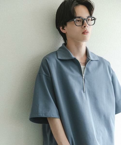 SENSE OF PLACE by URBAN RESEARCH / センスオブプレイス バイ アーバンリサーチ Tシャツ | ダンボールポンチハーフジップショートスリーブTシャツ（ブルー）