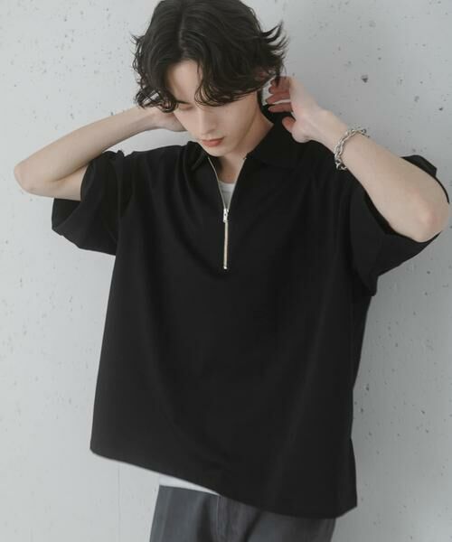 SENSE OF PLACE by URBAN RESEARCH / センスオブプレイス バイ アーバンリサーチ Tシャツ | ダンボールポンチハーフジップショートスリーブTシャツ（ブラック）