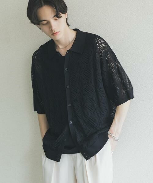 SENSE OF PLACE by URBAN RESEARCH / センスオブプレイス バイ アーバンリサーチ カーディガン・ボレロ | ドライタッチメッシュシャツカーディガン（ブラック）