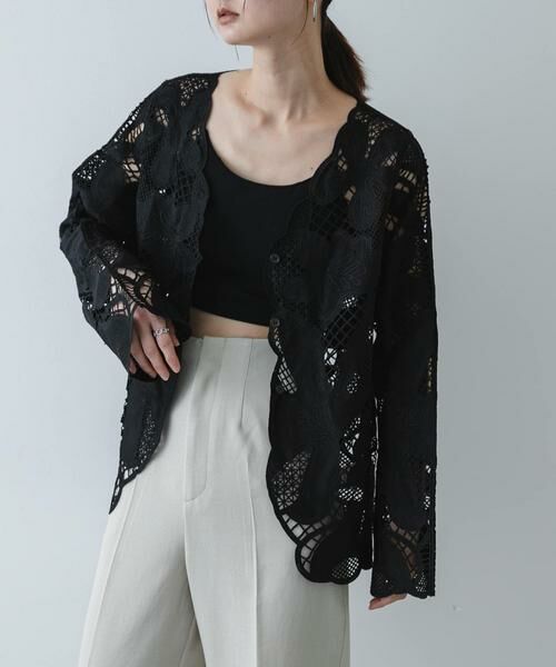 SENSE OF PLACE by URBAN RESEARCH / センスオブプレイス バイ アーバンリサーチ ノーカラージャケット | ノーカラーレースジャケット（ブラック）