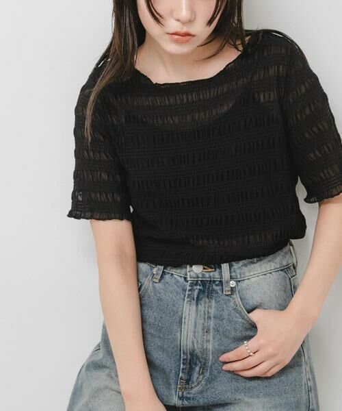 SENSE OF PLACE by URBAN RESEARCH / センスオブプレイス バイ アーバンリサーチ Tシャツ | シャーリングシアートップ(5分袖)（ブラック）