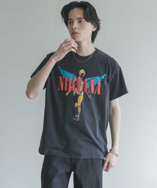 SENSE OF PLACE by URBAN RESEARCH / センスオブプレイス バイ アーバンリサーチ Tシャツ | THRIFTY LOOK　NIRVANA IN UTERO フェードTシャツ（ブラック）
