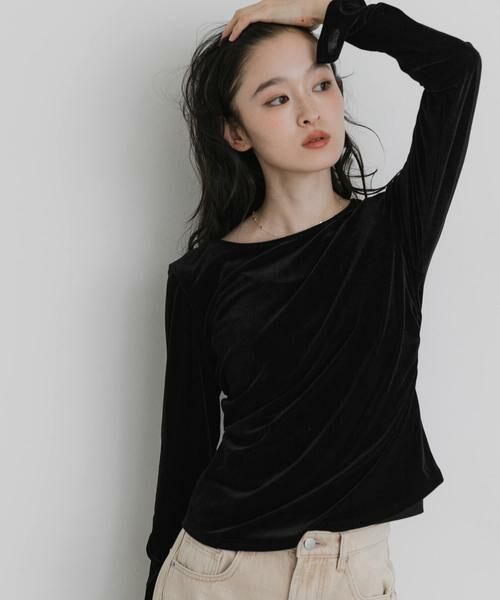 SENSE OF PLACE by URBAN RESEARCH / センスオブプレイス バイ アーバンリサーチ Tシャツ | サイドシャーリングベロアロングTシャツ（ブラック）