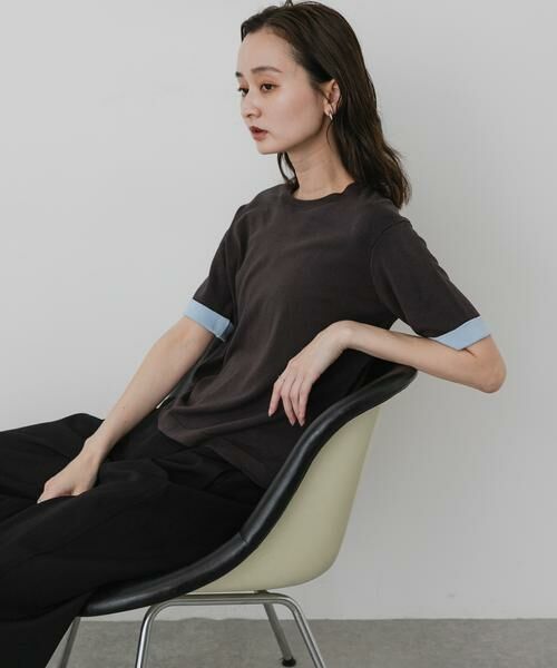 SENSE OF PLACE by URBAN RESEARCH / センスオブプレイス バイ アーバンリサーチ ニット・セーター | 『洗濯可』バイカラーロールスリーブニットTシャツ（チャコールグレー）