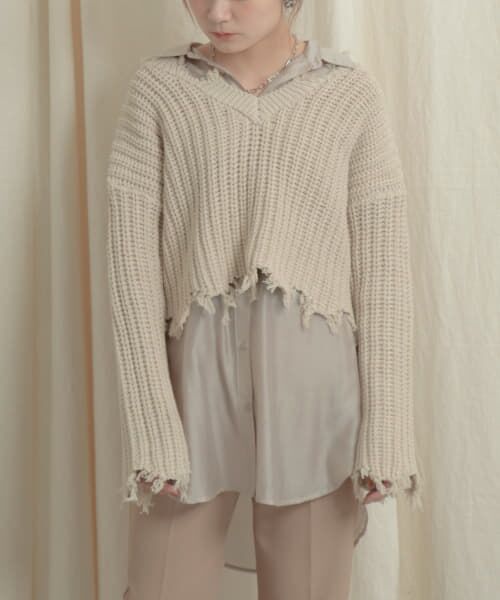 ＊＊SENSE OF PLACE by URBAN RESEARCH / センスオブプレイス バイ アーバンリサーチ ニット・セーター | 2WAYダメージショートセーター（IVORY）