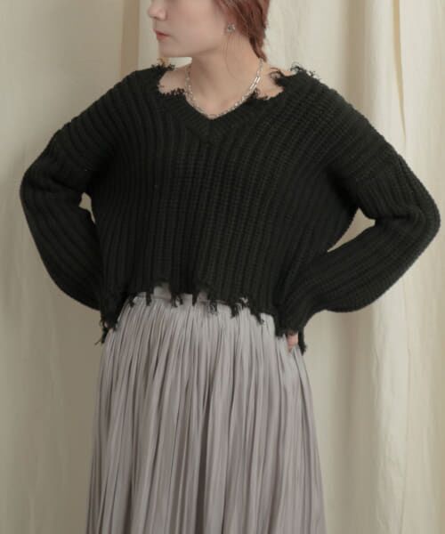 ＊＊SENSE OF PLACE by URBAN RESEARCH / センスオブプレイス バイ アーバンリサーチ ニット・セーター | 2WAYダメージショートセーター（BLACK）