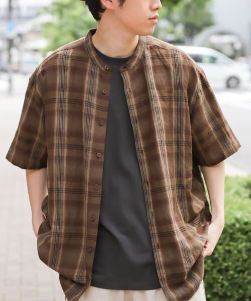 ＊＊SENSE OF PLACE by URBAN RESEARCH / センスオブプレイス バイ アーバンリサーチ シャツ・ブラウス | 『XLサイズあり』リネンレーヨンバンドカラーシャツ（BROWNCHECK）