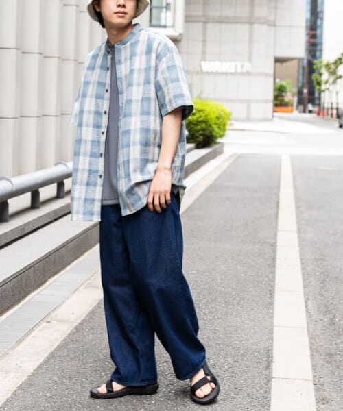 ＊＊SENSE OF PLACE by URBAN RESEARCH / センスオブプレイス バイ アーバンリサーチ シャツ・ブラウス | 『XLサイズあり』リネンレーヨンバンドカラーシャツ（BLUECHECK）