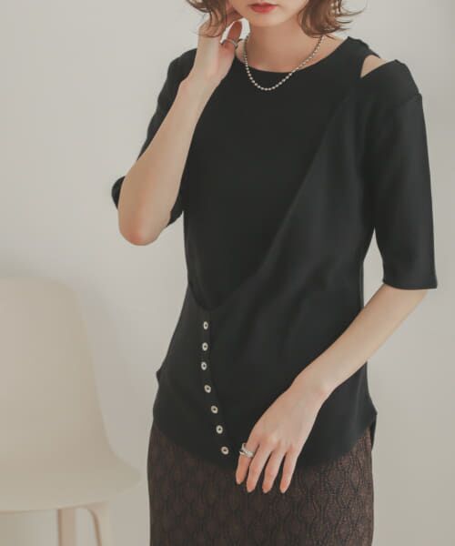 ＊＊SENSE OF PLACE by URBAN RESEARCH / センスオブプレイス バイ アーバンリサーチ Tシャツ | レイヤードボタンディテールトップ（BLACK）