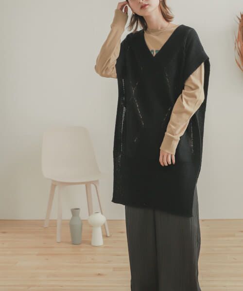 ＊＊SENSE OF PLACE by URBAN RESEARCH / センスオブプレイス バイ アーバンリサーチ ベスト | ロングケーブルベスト（BLACK）