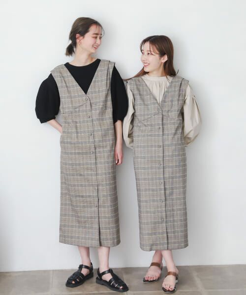 ＊＊SENSE OF PLACE by URBAN RESEARCH / センスオブプレイス バイ アーバンリサーチ ワンピース | 『One-C/低身長向けサイズ展開あり』チェックフロントボタンジャンパースカート（BLK×GRE）