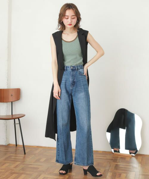 リンカブル　ボーダー　フレア　トップス ボーダー柄フレアスリーブリブニットトップス[k9086b