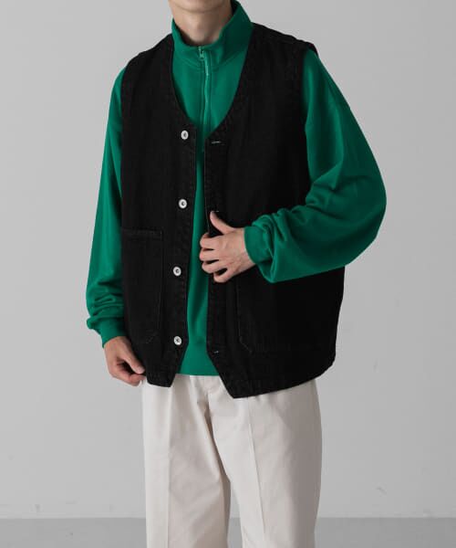 ＊＊SENSE OF PLACE by URBAN RESEARCH / センスオブプレイス バイ アーバンリサーチ ベスト | 『ユニセックス』 Vネックデニムベスト（BLACK）