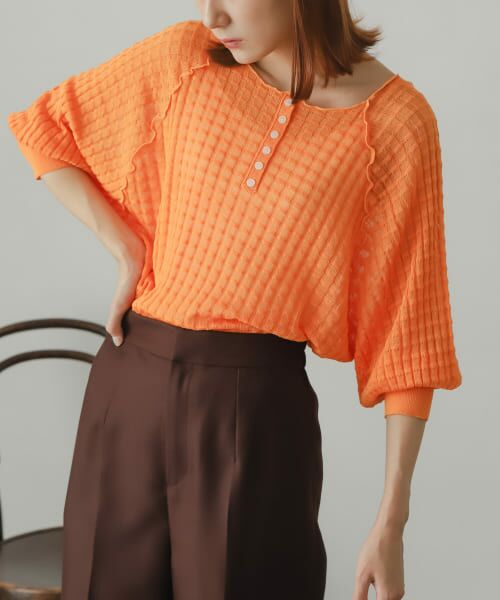 ＊＊SENSE OF PLACE by URBAN RESEARCH / センスオブプレイス バイ アーバンリサーチ ニット・セーター | 2WAYシアーセーター(5分袖)（ORANGE）