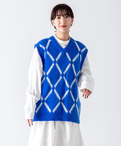 ＊＊SENSE OF PLACE by URBAN RESEARCH / センスオブプレイス バイ アーバンリサーチ ベスト | 『ユニセックス』モヘアライクウィンドウペンVネックベスト（BLUE）