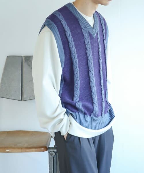 ＊＊SENSE OF PLACE by URBAN RESEARCH / センスオブプレイス バイ アーバンリサーチ ベスト | ケーブルVネックベスト（BLUE）