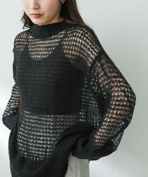 ＊＊SENSE OF PLACE by URBAN RESEARCH / センスオブプレイス バイ アーバンリサーチ ニット・セーター | メッシュルーズセーター（BLACK）