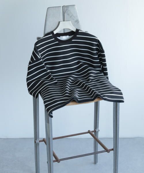 ＊＊SENSE OF PLACE by URBAN RESEARCH / センスオブプレイス バイ アーバンリサーチ Tシャツ | ボーダーダンボールポンチTシャツ(5分袖)（BLK×WHT）