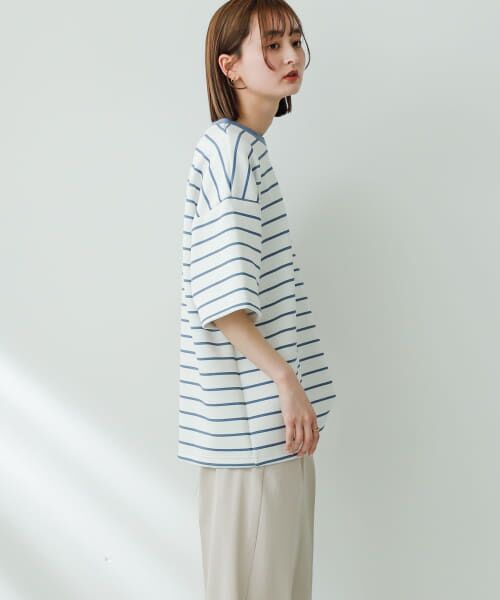 ＊＊SENSE OF PLACE by URBAN RESEARCH / センスオブプレイス バイ アーバンリサーチ Tシャツ | ボーダーダンボールポンチTシャツ(5分袖)（WHT×BLU）