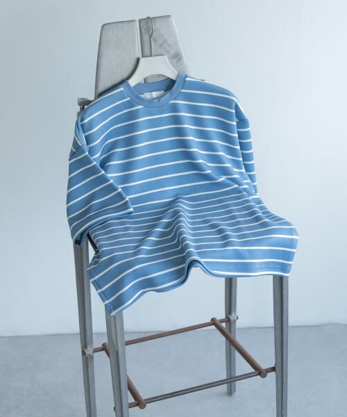 ＊＊SENSE OF PLACE by URBAN RESEARCH / センスオブプレイス バイ アーバンリサーチ Tシャツ | ボーダーダンボールポンチTシャツ(5分袖)（BLU×WHT）