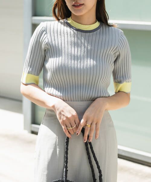 ＊＊SENSE OF PLACE by URBAN RESEARCH / センスオブプレイス バイ アーバンリサーチ ニット・セーター | バイカラーコンパクトセーター(5分袖)（L.GRAY）