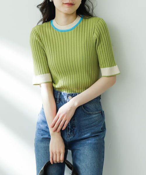 ＊＊SENSE OF PLACE by URBAN RESEARCH / センスオブプレイス バイ アーバンリサーチ ニット・セーター | バイカラーコンパクトセーター(5分袖)（LIME）